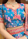 Art Silk Floral Printed Sequence Embroidered Work Blue Lehenga Choli