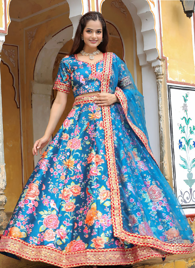 Art Silk Floral Printed Sequence Embroidered Work Blue Lehenga Choli