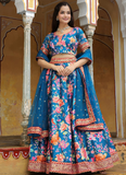 Art Silk Floral Printed Sequence Embroidered Work Blue Lehenga Choli