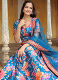 Art Silk Floral Printed Sequence Embroidered Work Blue Lehenga Choli