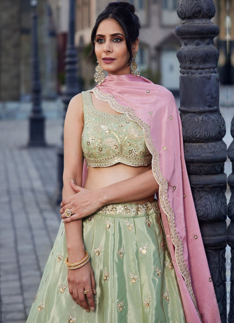 Art Silk Zari Sequence Embroidered Pastel Pista Green Lehenga Choli