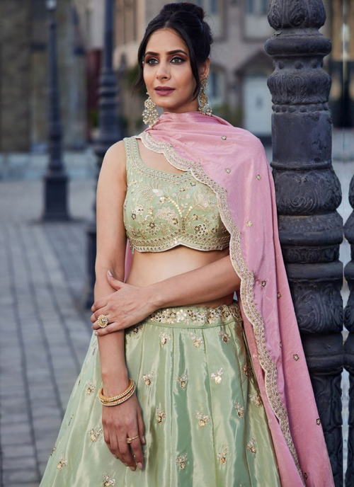 Art Silk Zari Sequence Embroidered Pastel Pista Green Lehenga Choli