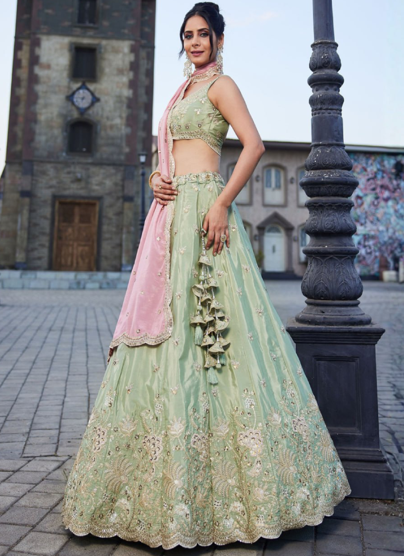 Art Silk Zari Sequence Embroidered Pastel Pista Green Lehenga Choli