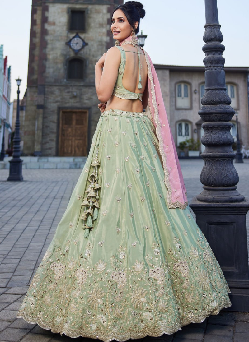 Art Silk Zari Sequence Embroidered Pastel Pista Green Lehenga Choli