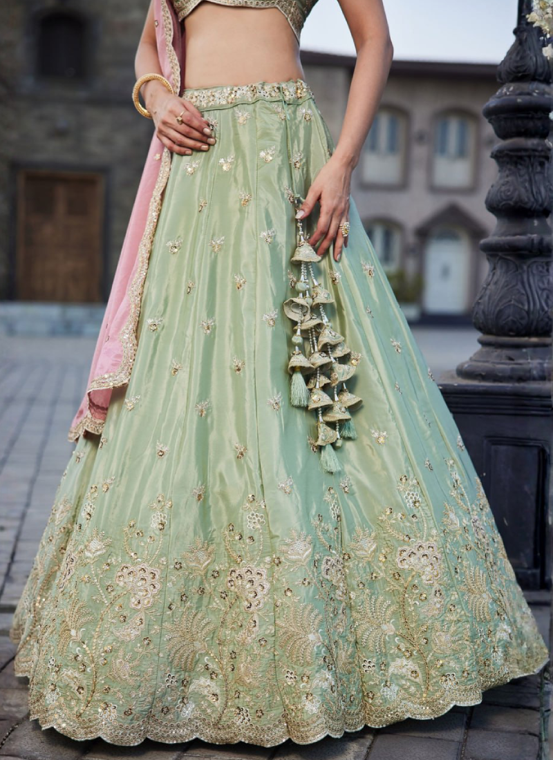 Art Silk Zari Sequence Embroidered Pastel Pista Green Lehenga Choli