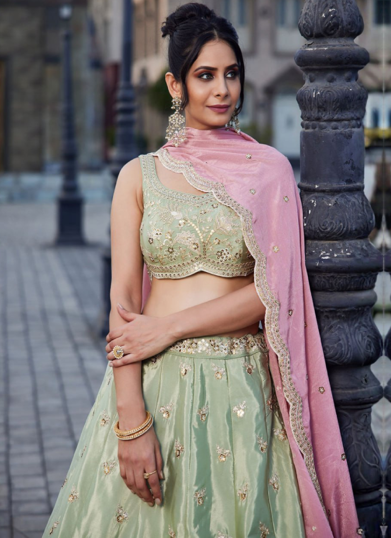 Art Silk Zari Sequence Embroidered Pastel Pista Green Lehenga Choli