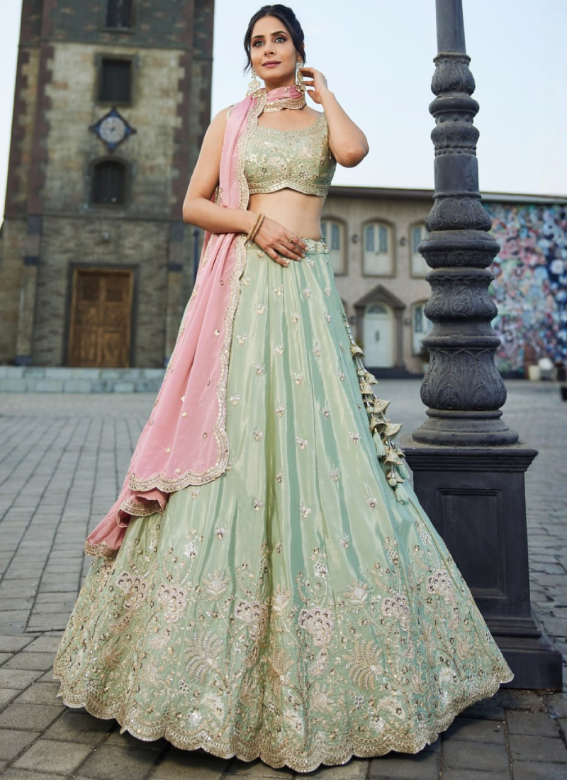 Art Silk Zari Sequence Embroidered Pastel Pista Green Lehenga Choli