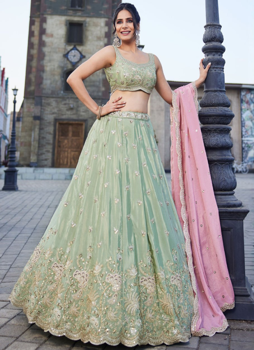 Art Silk Zari Sequence Embroidered Pastel Pista Green Lehenga Choli