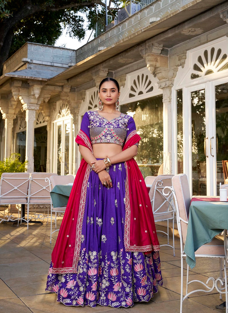Astonishing Purple Vichitra Silk Thread Embroidered Lehenga Choli