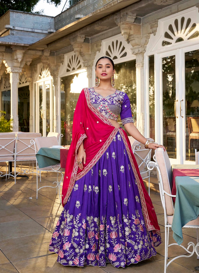 Astonishing Purple Vichitra Silk Thread Embroidered Lehenga Choli