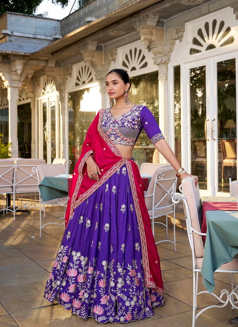 Astonishing Purple Vichitra Silk Thread Embroidered Lehenga Choli