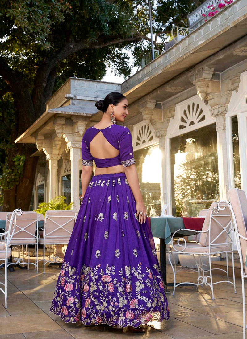 Astonishing Purple Vichitra Silk Thread Embroidered Lehenga Choli