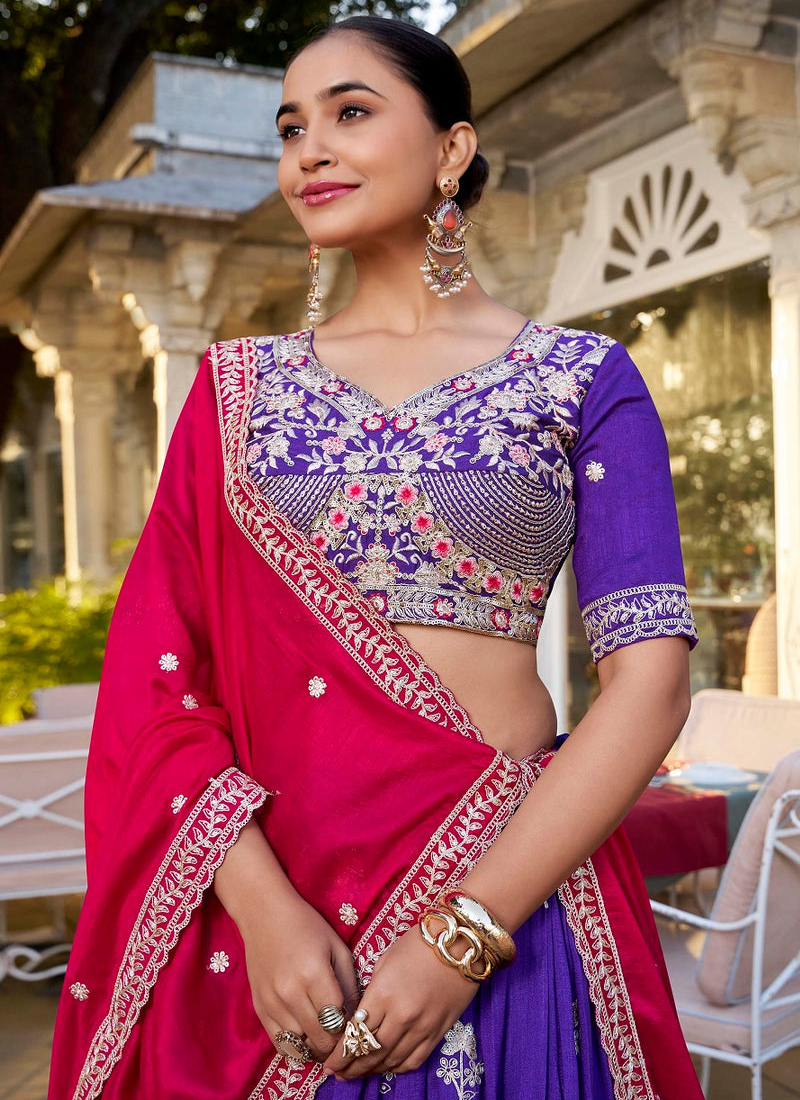 Astonishing Purple Vichitra Silk Thread Embroidered Lehenga Choli