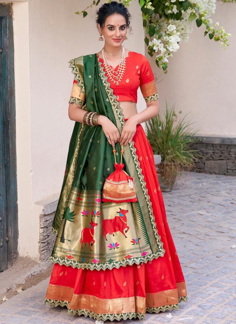 Astonishing Zari Weaving Work Jacquard Silk Red Paithani Lehenga Choli