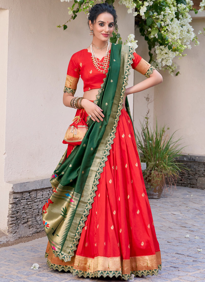 Astonishing Zari Weaving Work Jacquard Silk Red Paithani Lehenga Choli