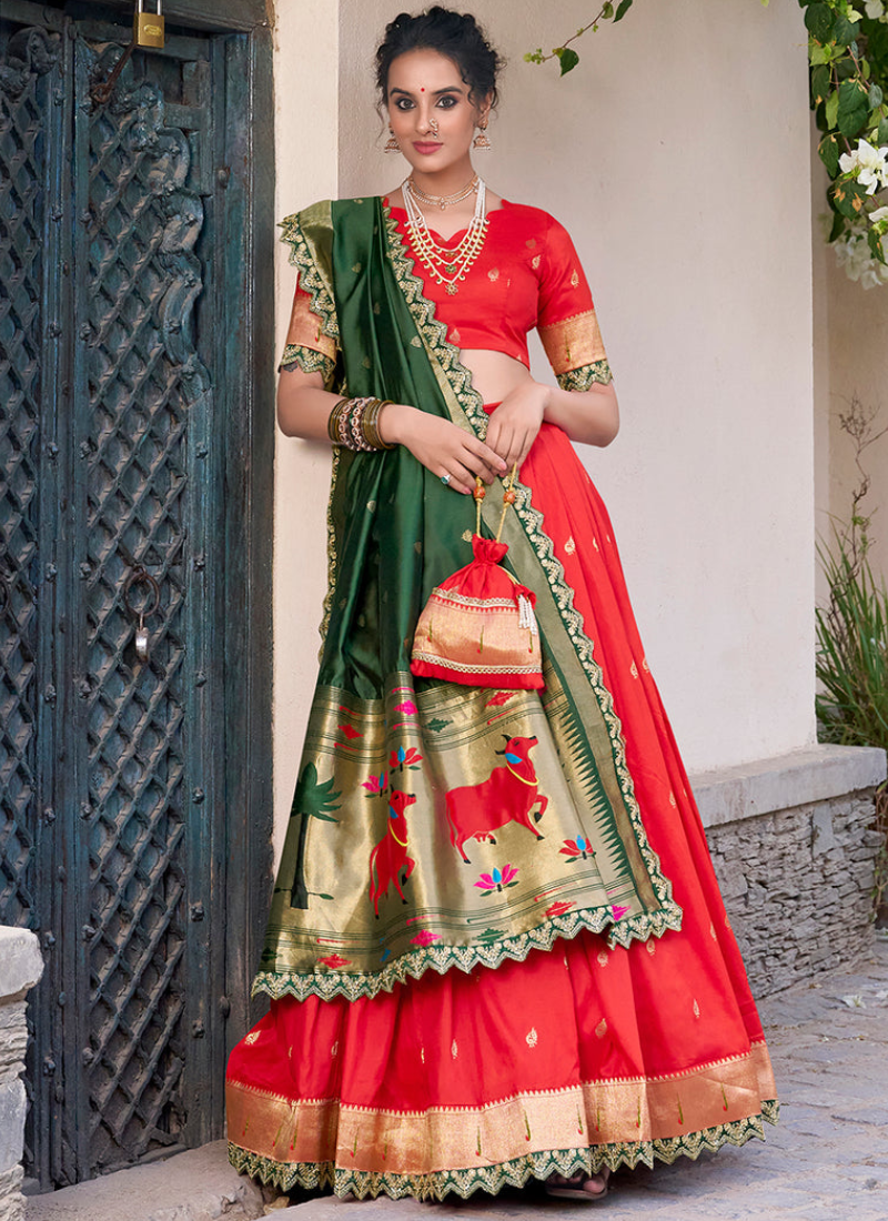 Astonishing Zari Weaving Work Jacquard Silk Red Paithani Lehenga Choli
