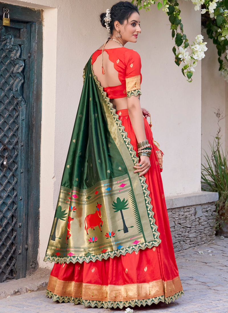 Astonishing Zari Weaving Work Jacquard Silk Red Paithani Lehenga Choli