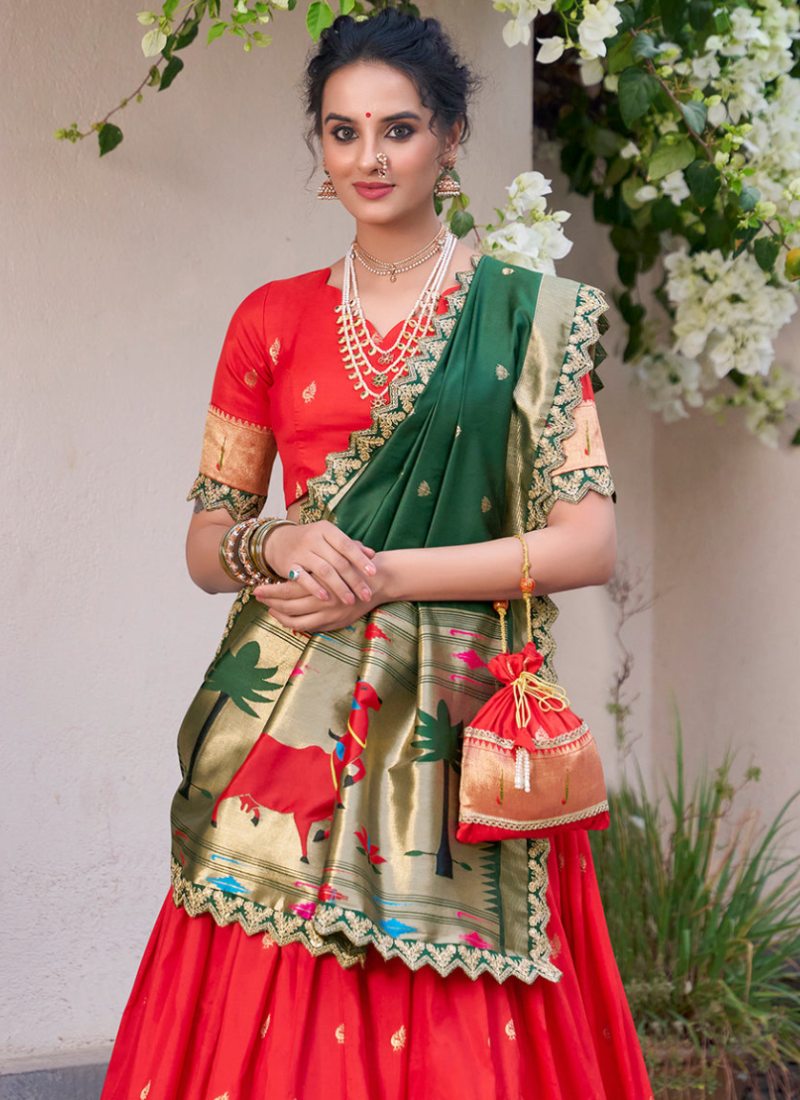 Astonishing Zari Weaving Work Jacquard Silk Red Paithani Lehenga Choli