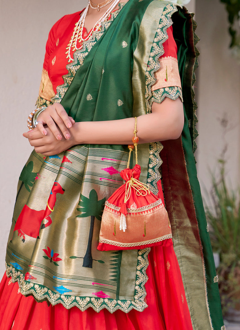 Astonishing Zari Weaving Work Jacquard Silk Red Paithani Lehenga Choli