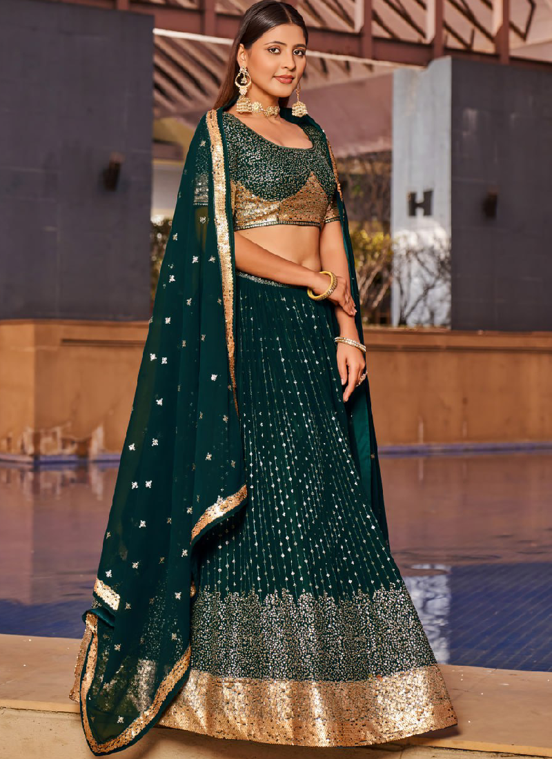 Attractive Embroidered Georgette Bottle Green Wedding Wear Lehenga