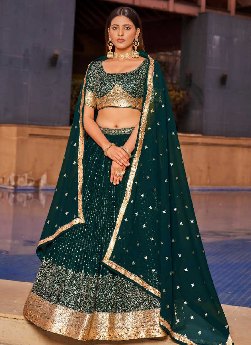 Attractive Embroidered Georgette Bottle Green Wedding Wear Lehenga