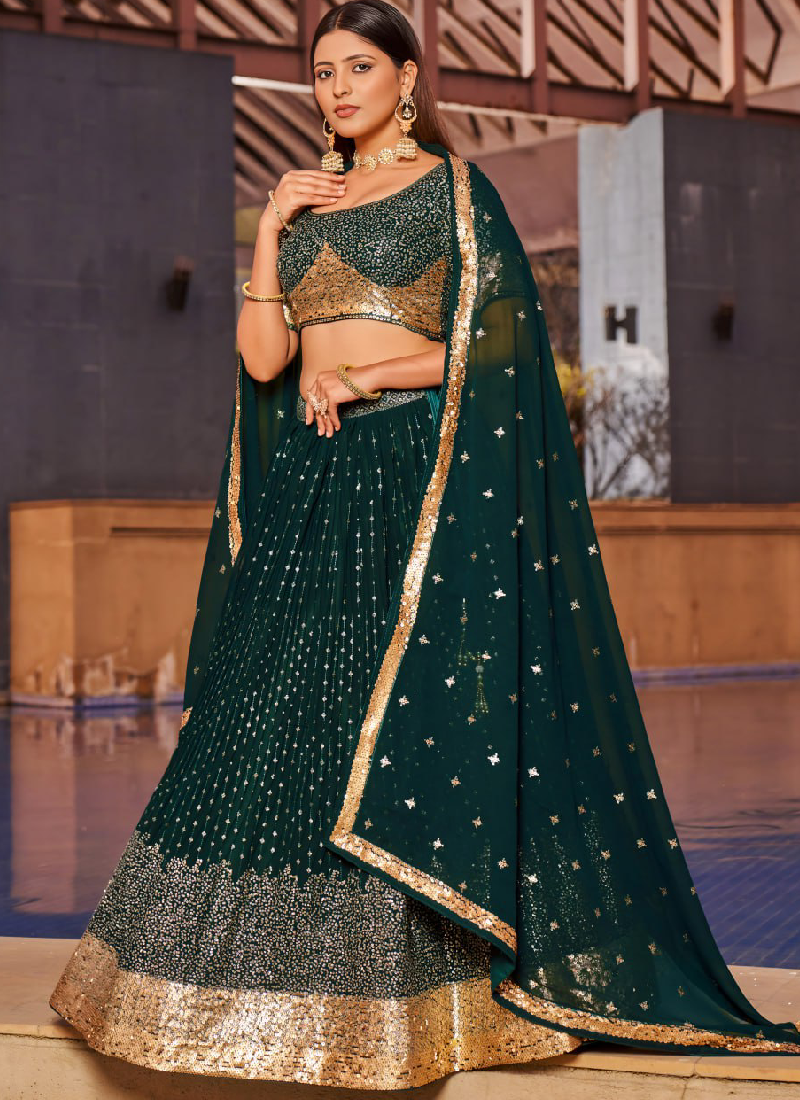 Attractive Embroidered Georgette Bottle Green Wedding Wear Lehenga