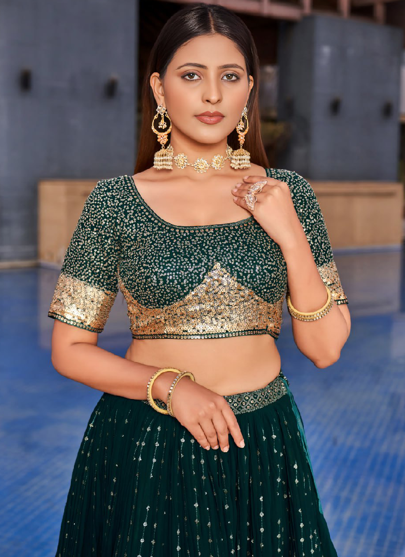 Attractive Embroidered Georgette Bottle Green Wedding Wear Lehenga