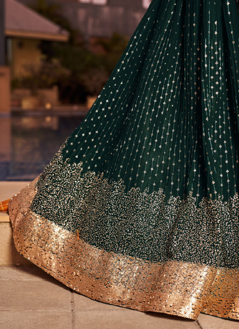 Attractive Embroidered Georgette Bottle Green Wedding Wear Lehenga