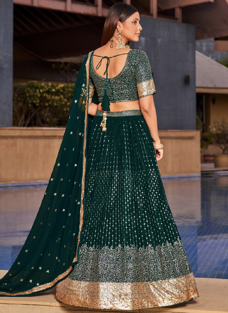Attractive Embroidered Georgette Bottle Green Wedding Wear Lehenga