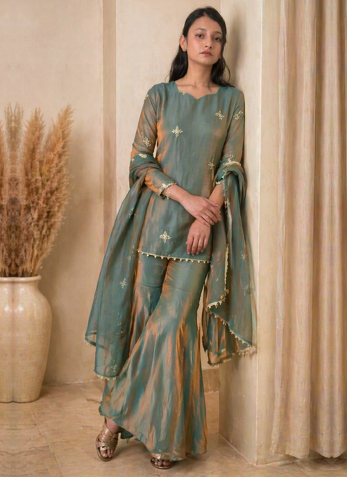 Attractive Fendi Silk Pista Green Zari Embroidered Salwar Kameez Set