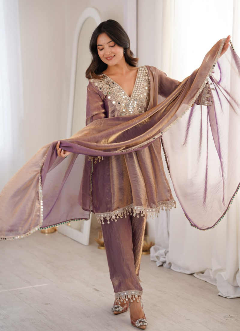 Attractive Fendi Silk Real Mirror Work Purple Party Wear Pant Suit Set
