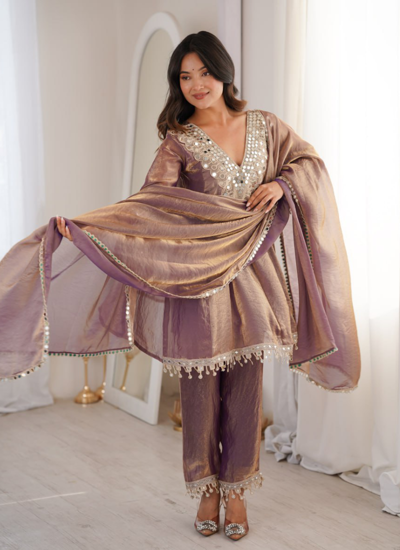 Attractive Fendi Silk Real Mirror Work Purple Party Wear Pant Suit Set