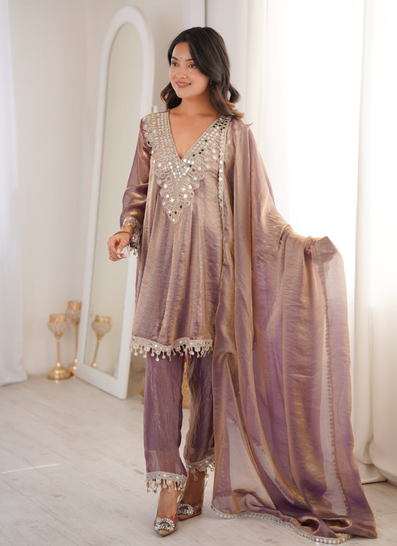 Attractive Fendi Silk Real Mirror Work Purple Party Wear Pant Suit Set