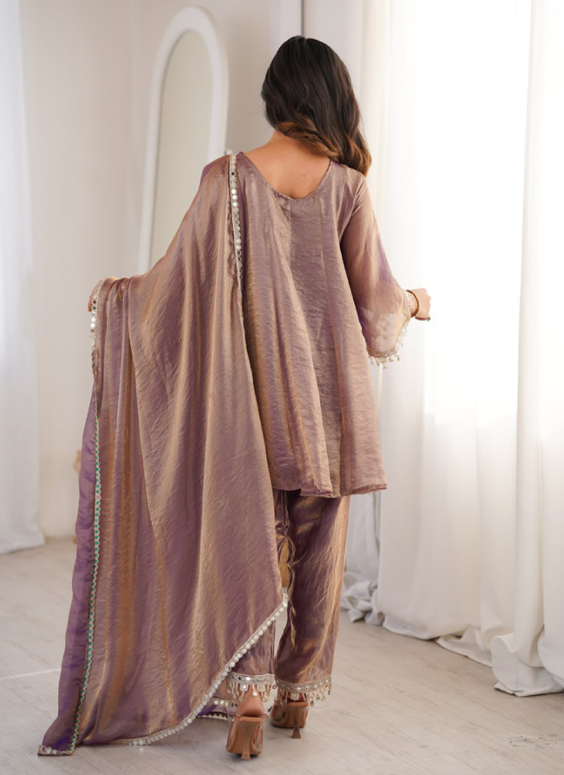Attractive Fendi Silk Real Mirror Work Purple Party Wear Pant Suit Set