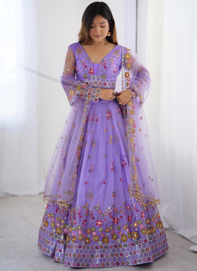 Attractive Net Floral Embroidery Lavender Lehenga Choli With Dupatta