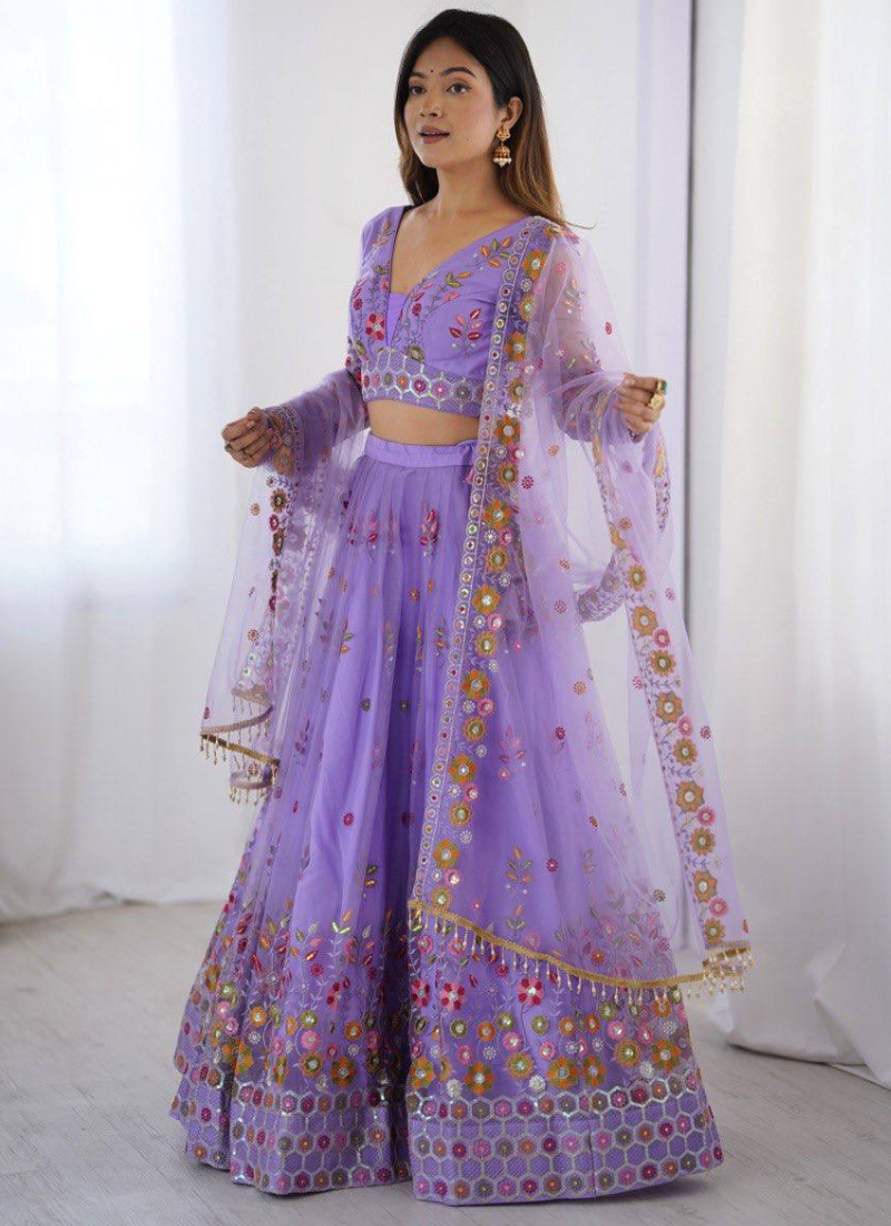 Attractive Net Floral Embroidery Lavender Lehenga Choli With Dupatta