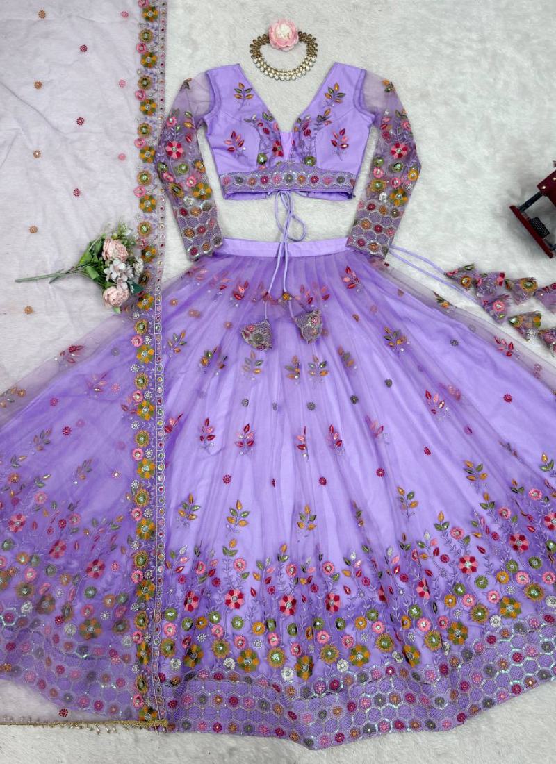 Attractive Net Floral Embroidery Lavender Lehenga Choli With Dupatta
