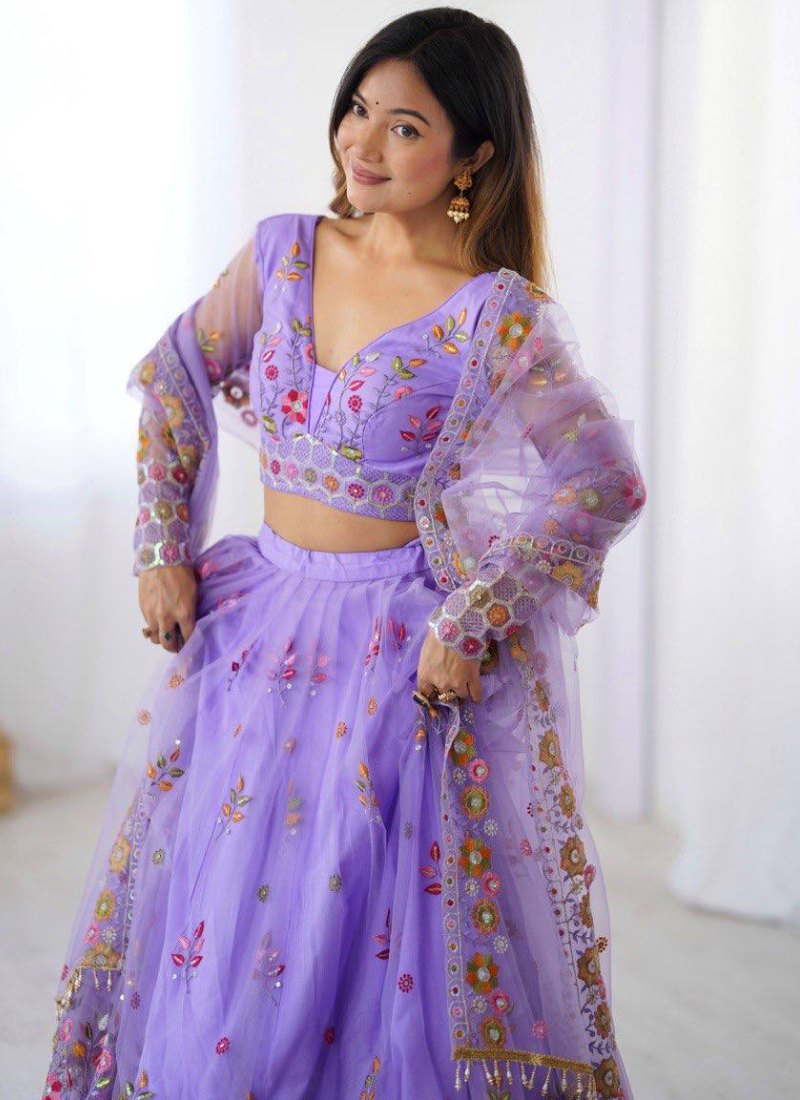 Attractive Net Floral Embroidery Lavender Lehenga Choli With Dupatta