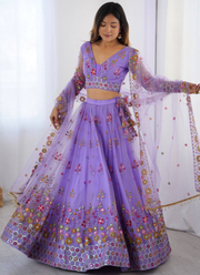 Attractive Net Floral Embroidery Lavender Lehenga Choli With Dupatta