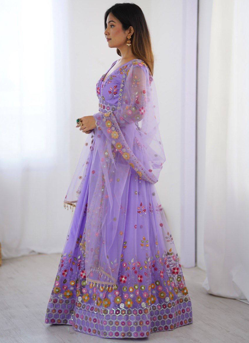 Attractive Net Floral Embroidery Lavender Lehenga Choli With Dupatta