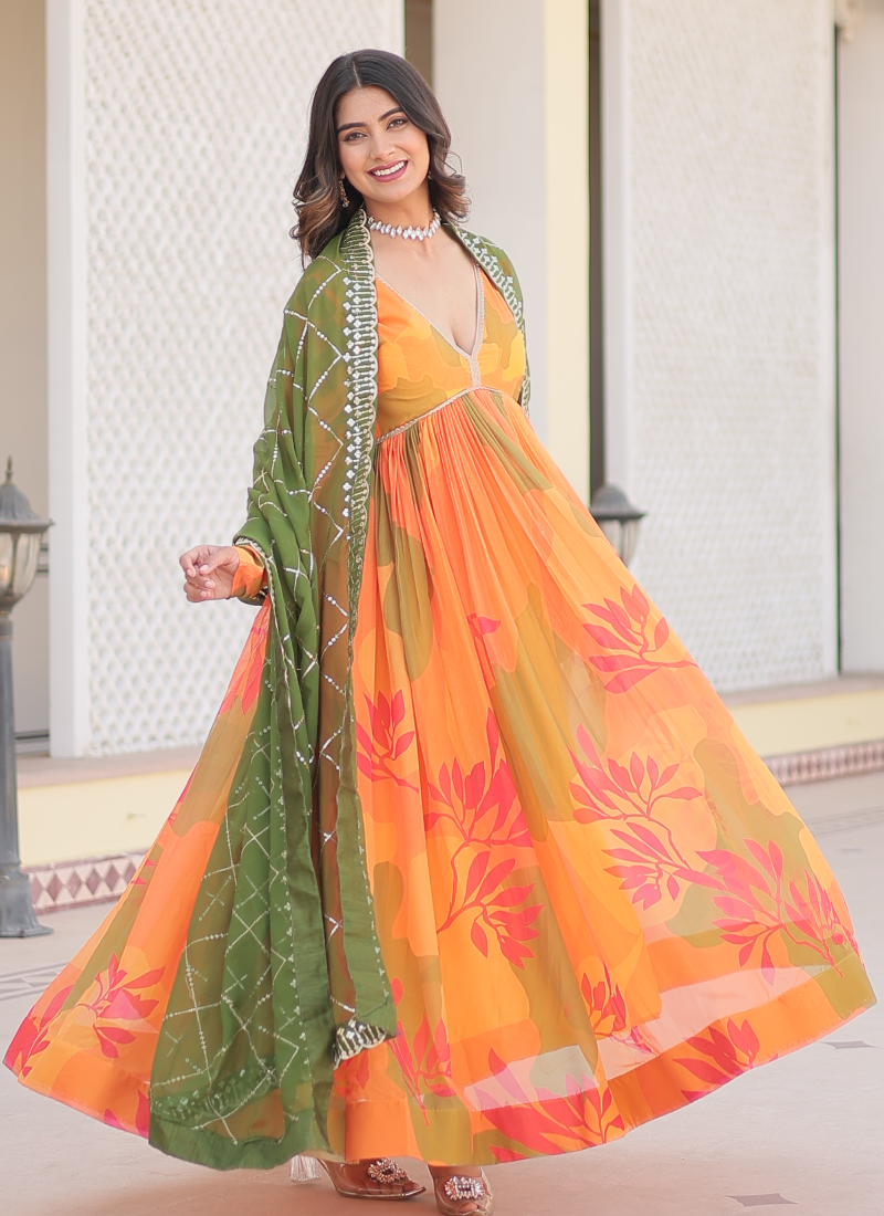 Attractive Orange Russian Silk Digital Floral Printed Anarkali Gown