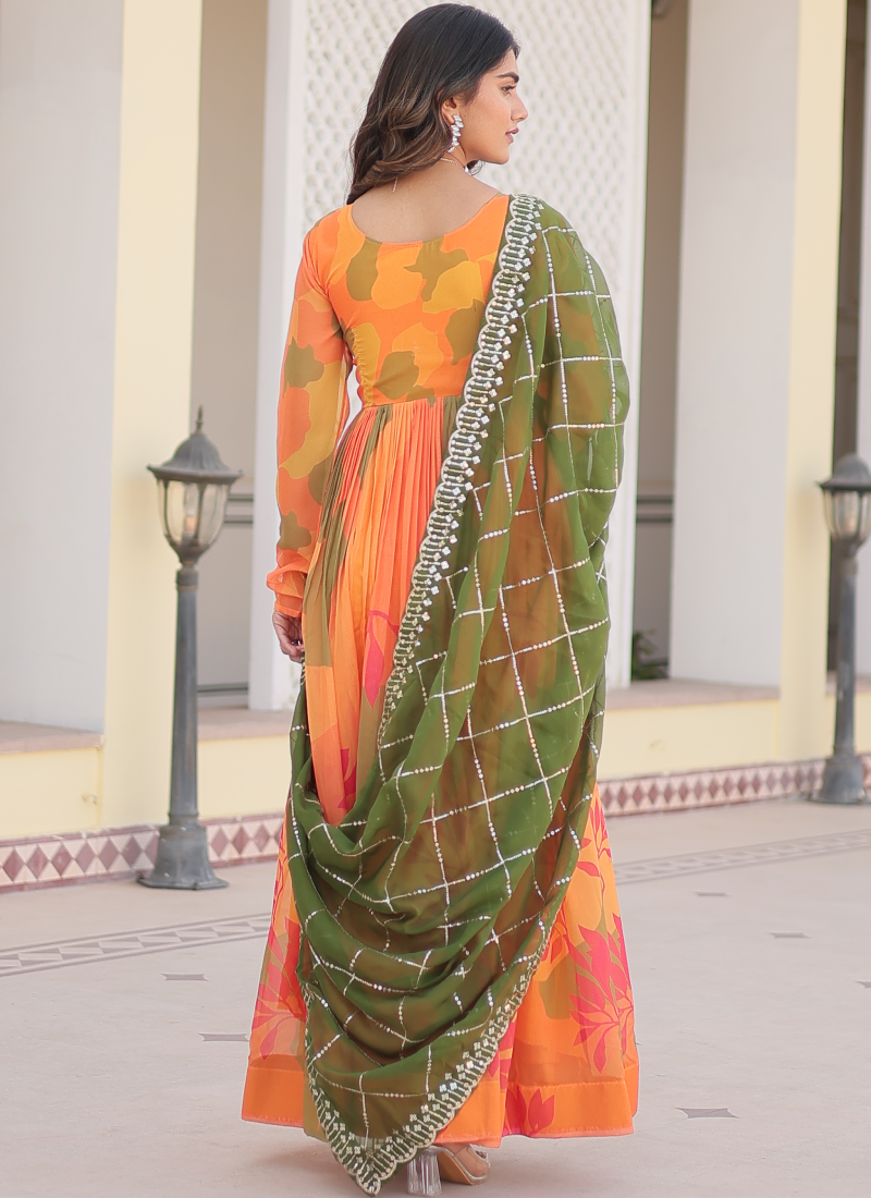Attractive Orange Russian Silk Digital Floral Printed Anarkali Gown