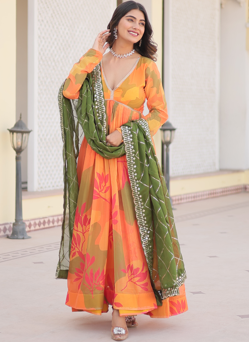 Attractive Orange Russian Silk Digital Floral Printed Anarkali Gown