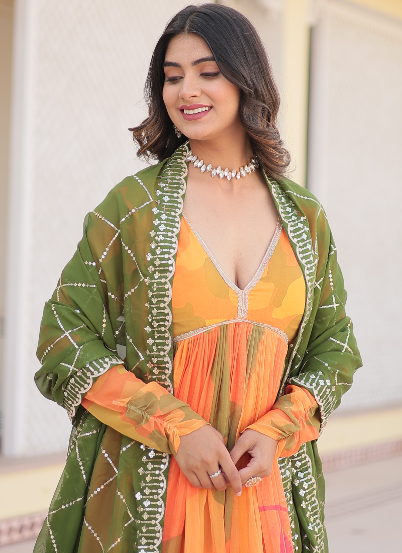 Attractive Orange Russian Silk Digital Floral Printed Anarkali Gown