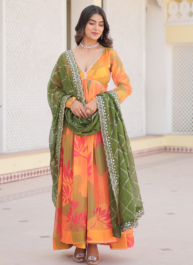 Attractive Orange Russian Silk Digital Floral Printed Anarkali Gown