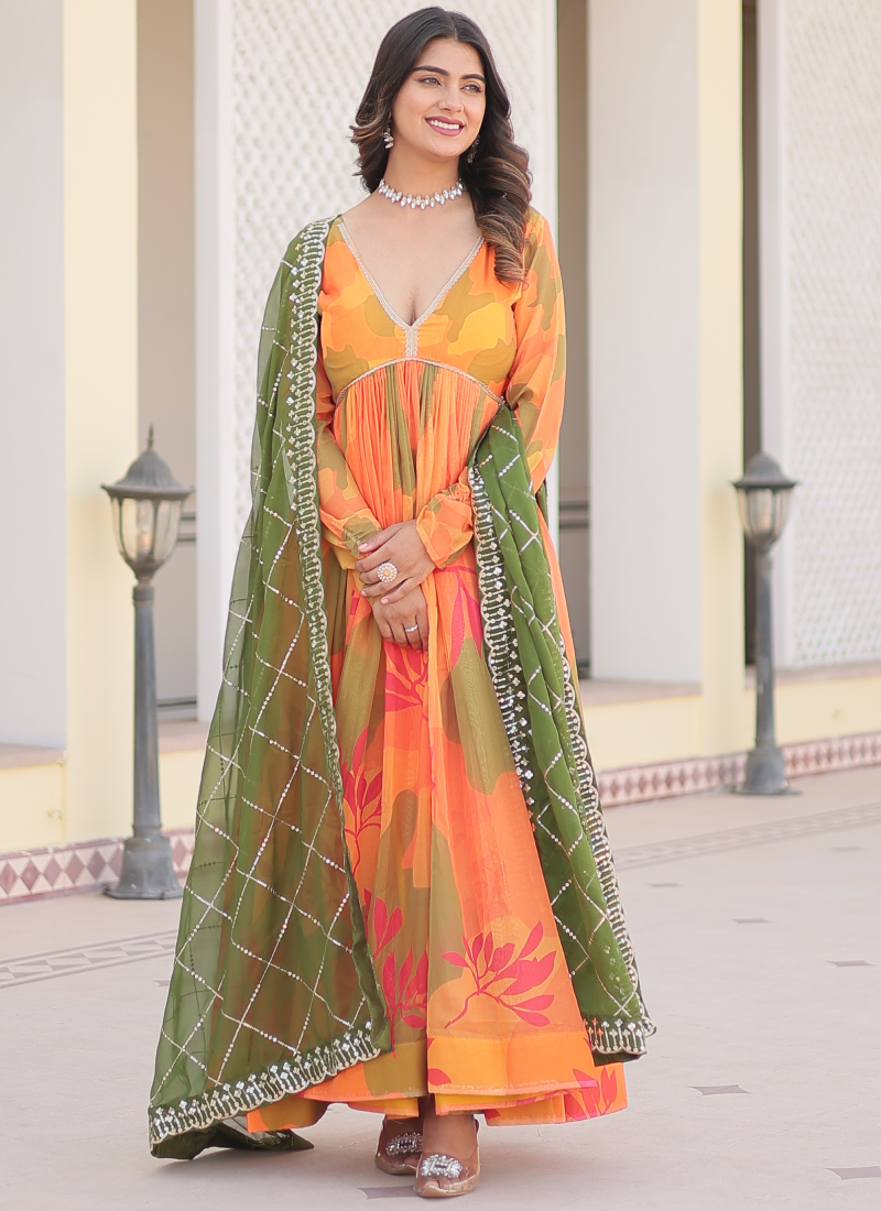 Attractive Orange Russian Silk Digital Floral Printed Anarkali Gown