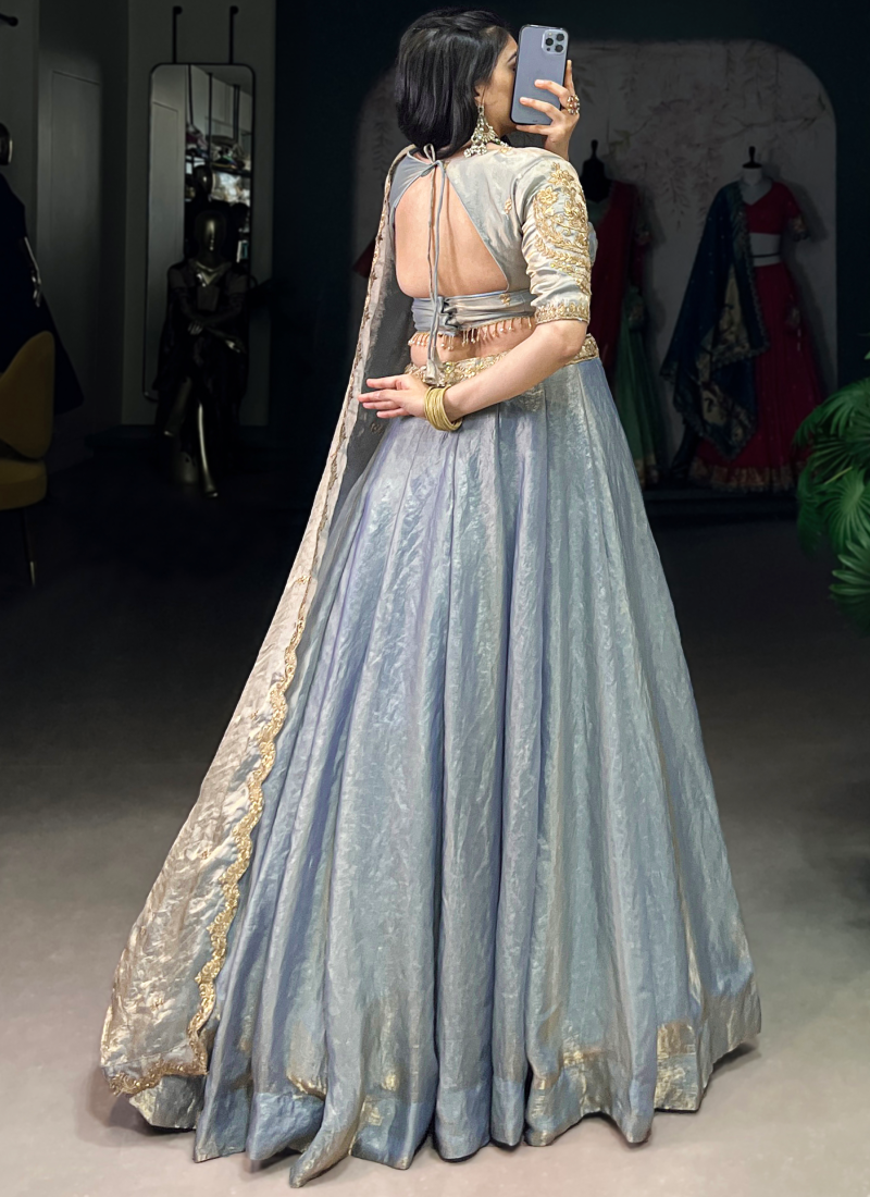 Attractive Organza Zari Embroidered Sky Blue Lehenga Choli For Wedding
