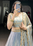 Attractive Organza Zari Embroidered Sky Blue Lehenga Choli For Wedding