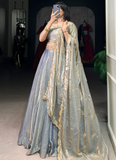 Attractive Organza Zari Embroidered Sky Blue Lehenga Choli For Wedding