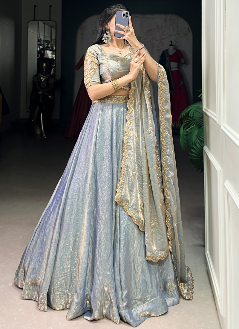 Attractive Organza Zari Embroidered Sky Blue Lehenga Choli For Wedding
